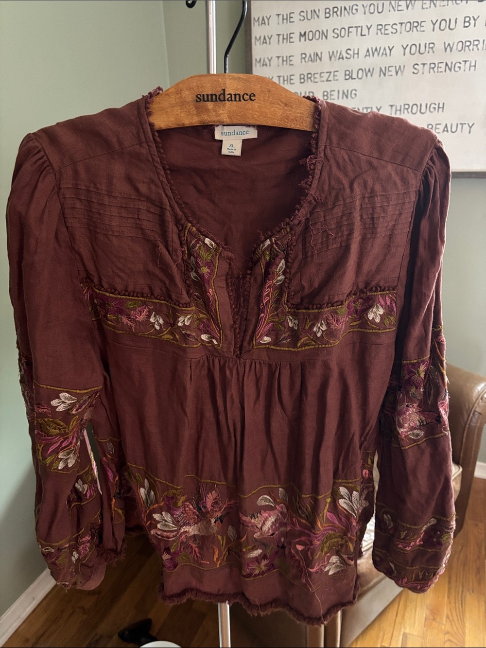 Sundance Long-Sleeve Embroidered Brown Boho Tunic
